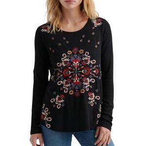 Lucky Brand Black Embroidered Long Sleeve Boho Top M